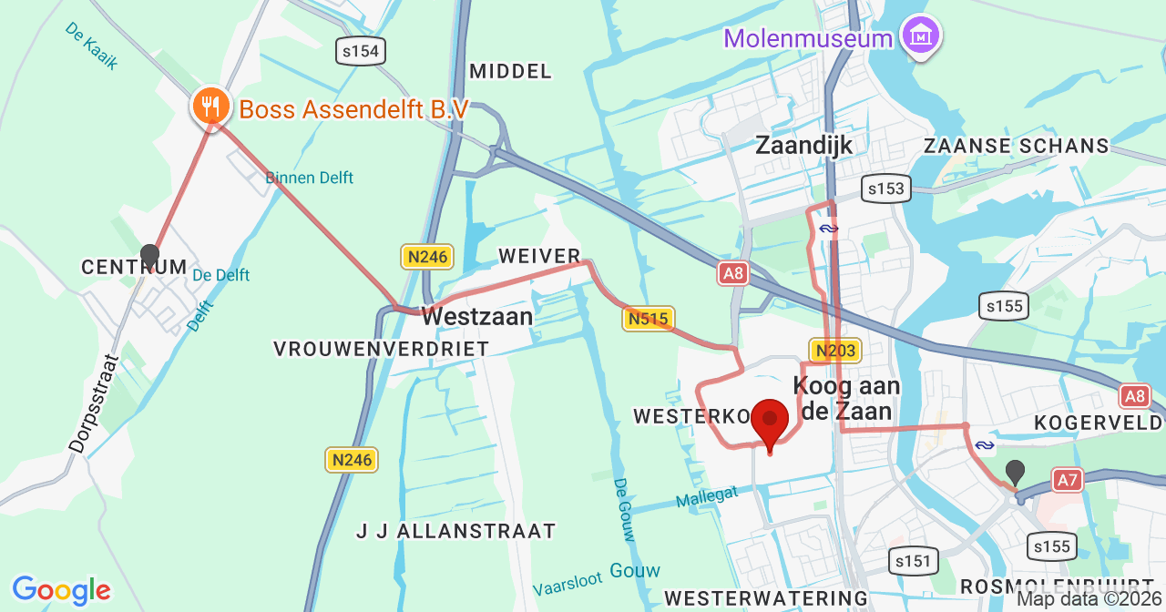 Kaart van het incident in Koog aan de Zaan met berekende routes vanaf gealarmeerde posten
