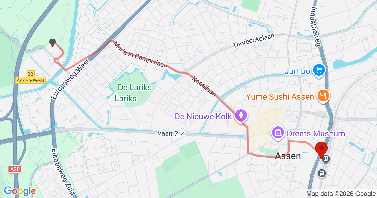 Kaart van het incident in Assen met berekende routes vanaf gealarmeerde posten
