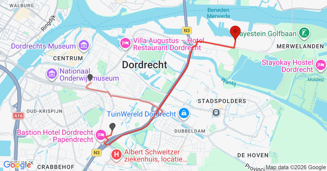 Kaart van het incident in Dordrecht met de aanrijroutes van de gealarmeerde eenheden