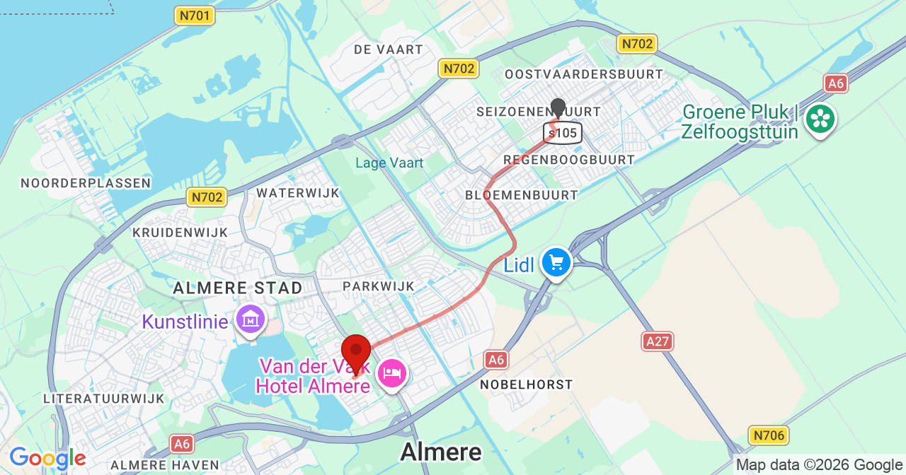 Kaart van het incident in Almere met berekende routes vanaf gealarmeerde posten