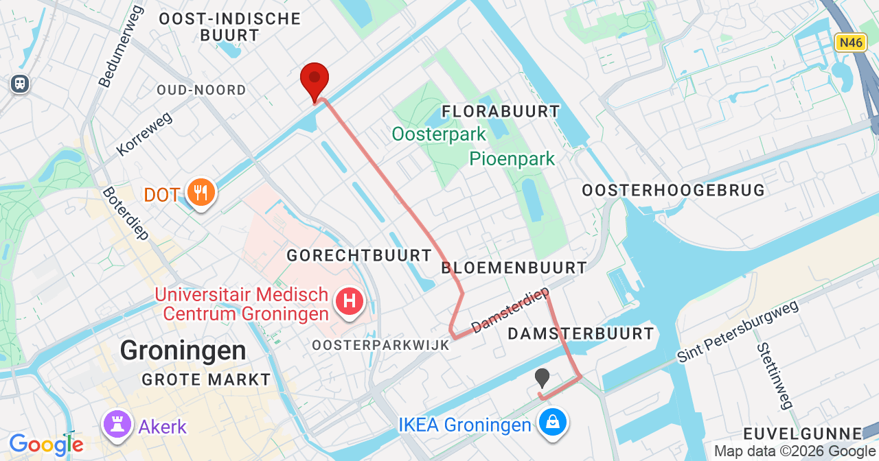 Kaart van het incident in Groningen met de aanrijroutes van de gealarmeerde eenheden