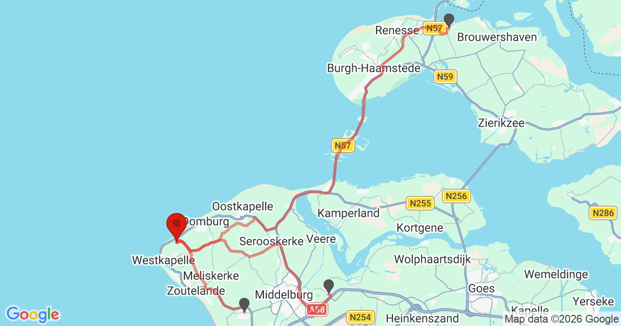 Kaart van het incident in Westkapelle met de aanrijroutes van de gealarmeerde eenheden