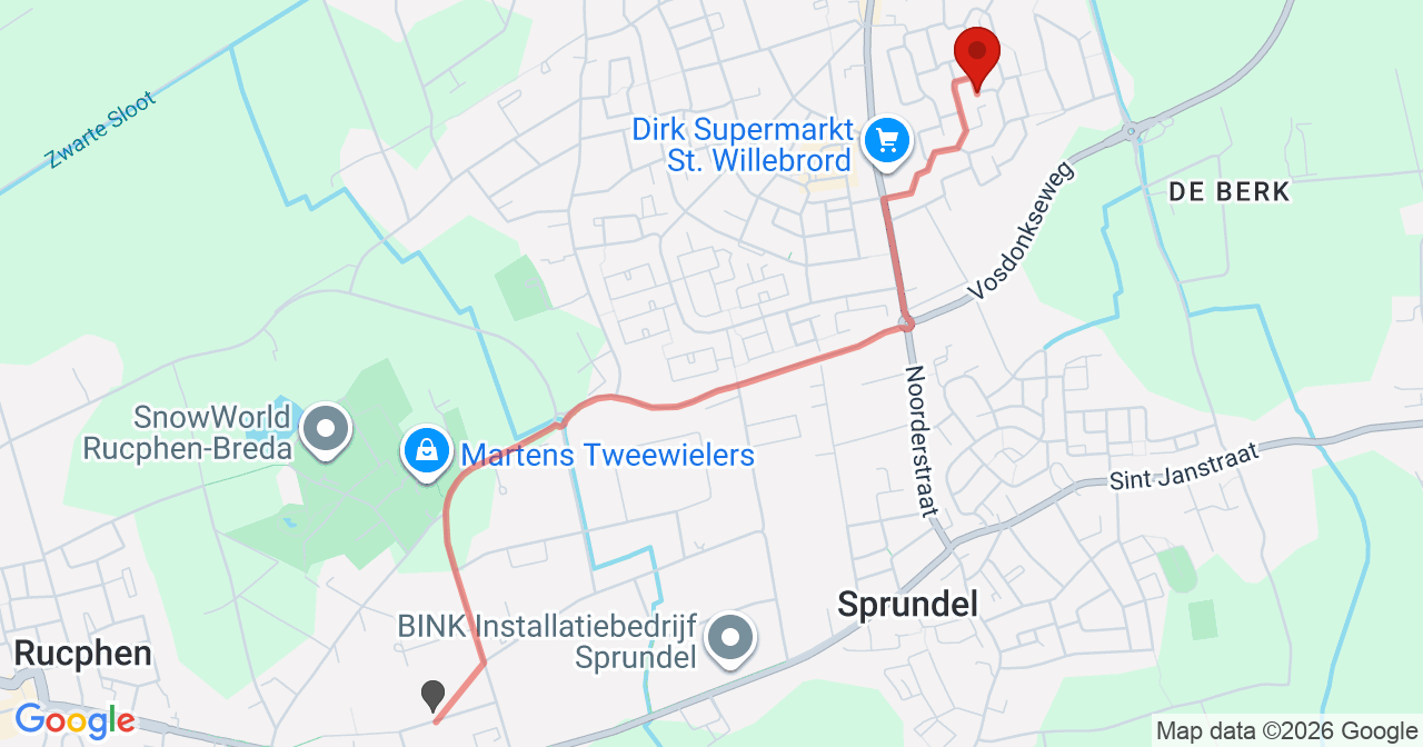 Kaart van het incident in St. Willebrord met de aanrijroutes van de gealarmeerde eenheden