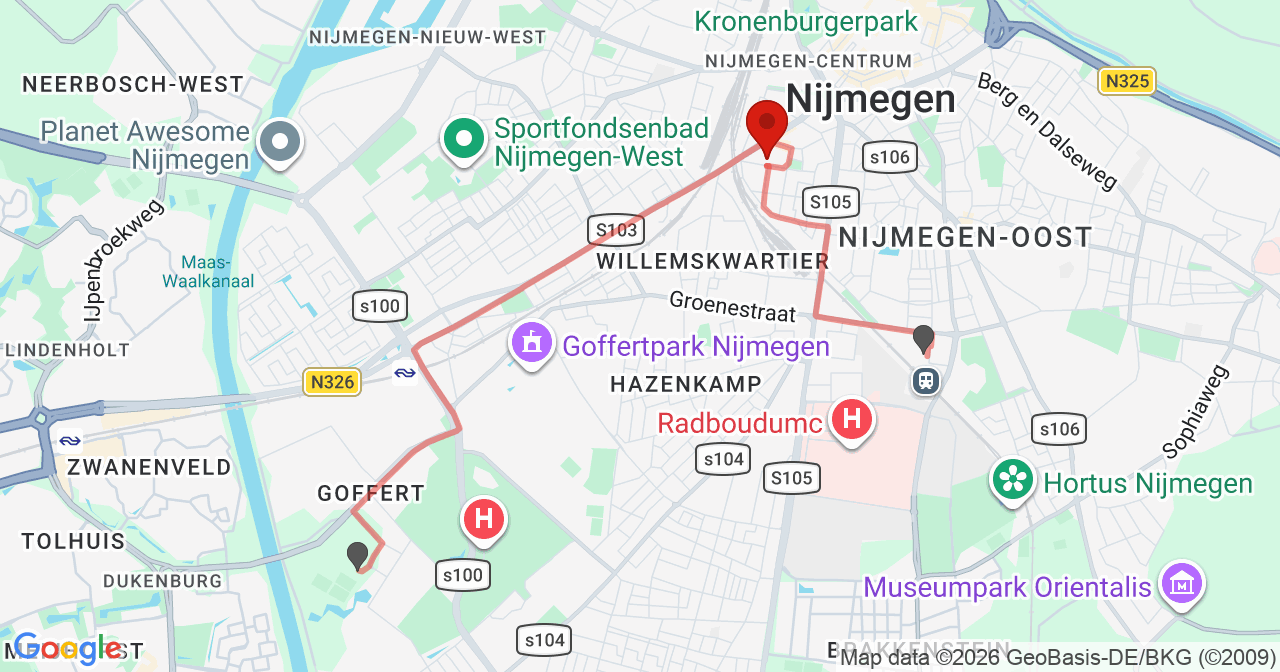 Kaart van het incident in Nijmegen met de aanrijroutes van de gealarmeerde eenheden
