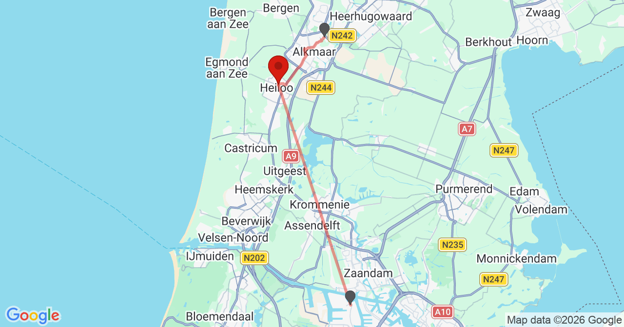Kaart van het incident in Heiloo met de aanrijroutes van de gealarmeerde eenheden