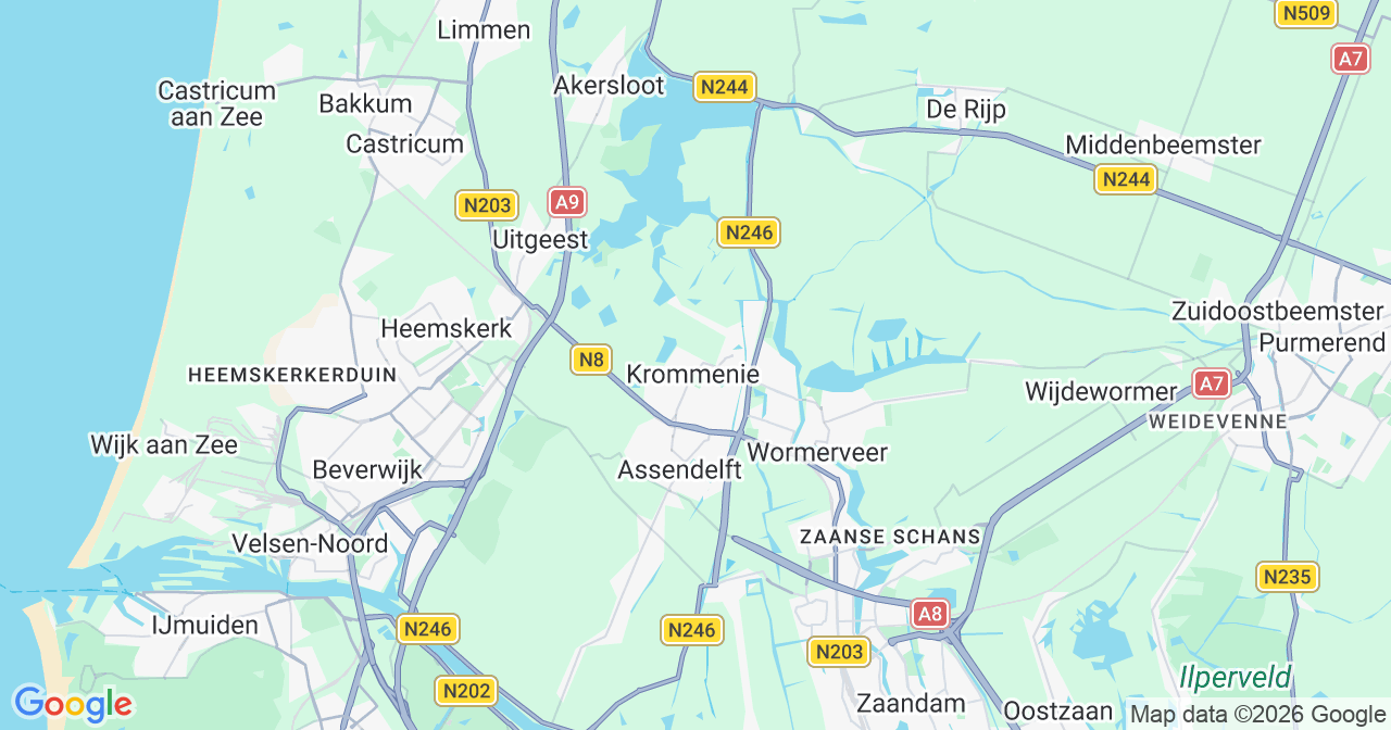 Kaart van het incident in Krommenie met berekende routes vanaf gealarmeerde posten