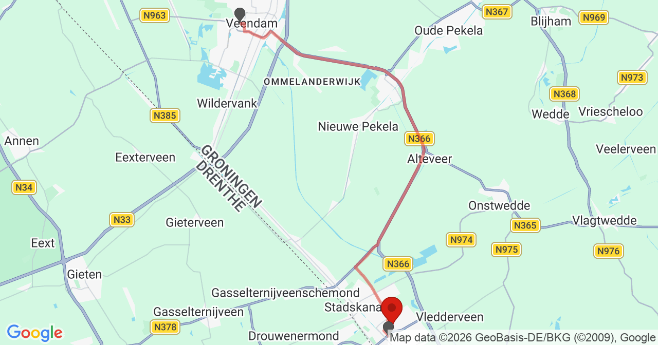 Kaart van het incident in Stadskanaal met de aanrijroutes van de gealarmeerde eenheden