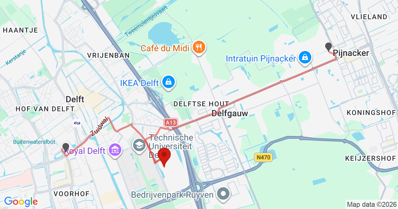 Kaart van het incident in Delft met de aanrijroutes van de gealarmeerde eenheden