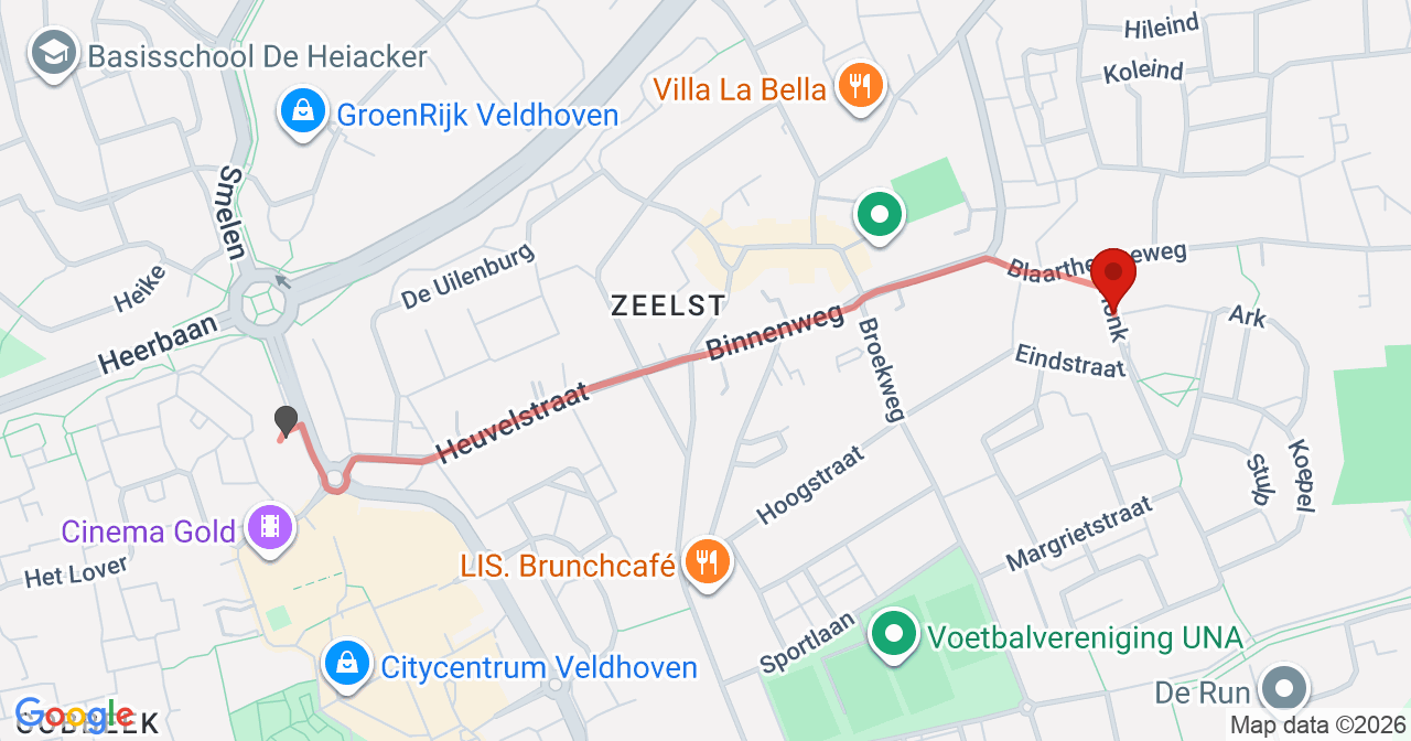 Kaart van het incident in Veldhoven met berekende routes vanaf gealarmeerde posten