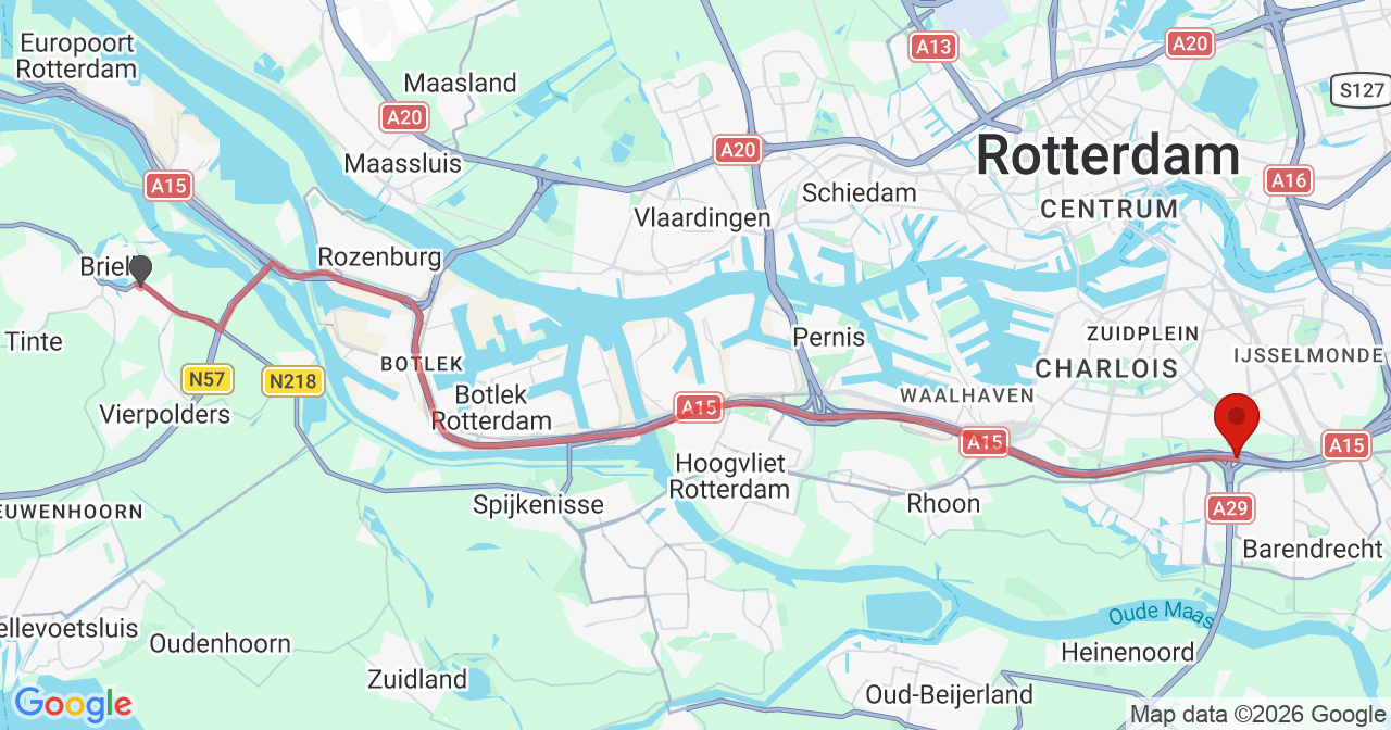 Kaart van het incident in Barendrecht met de aanrijroutes van de gealarmeerde eenheden