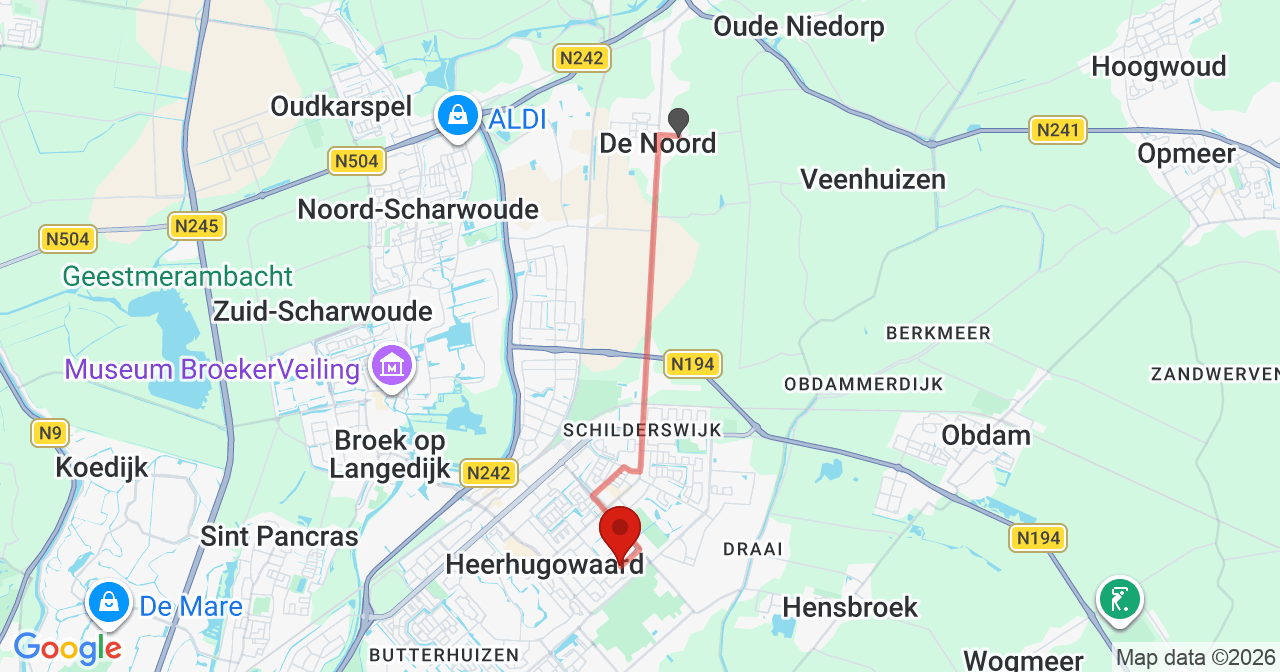 Kaart van het incident in Heerhugowaard met de aanrijroutes van de gealarmeerde eenheden