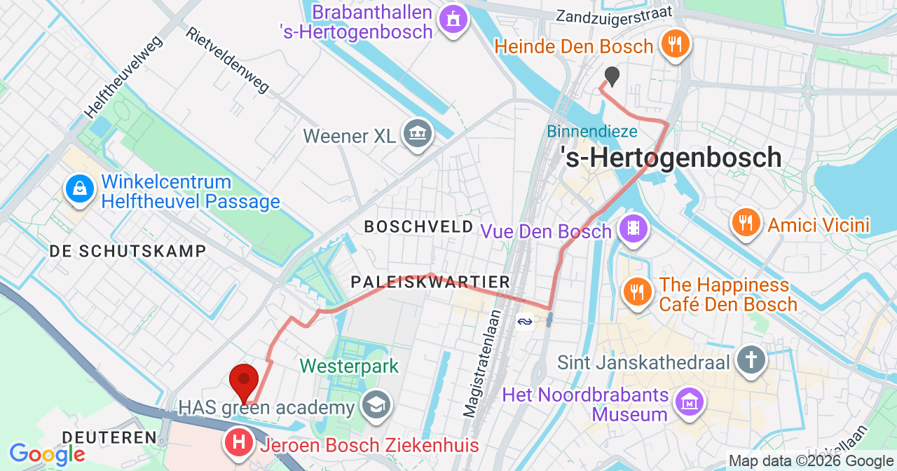 Kaart van het incident in 's-Hertogenbosch met berekende routes vanaf gealarmeerde posten