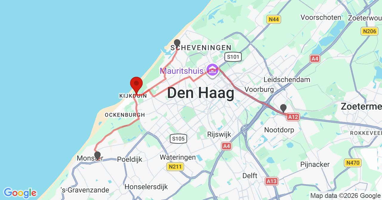 Kaart van het incident in 's-Gravenhage met berekende routes vanaf gealarmeerde posten