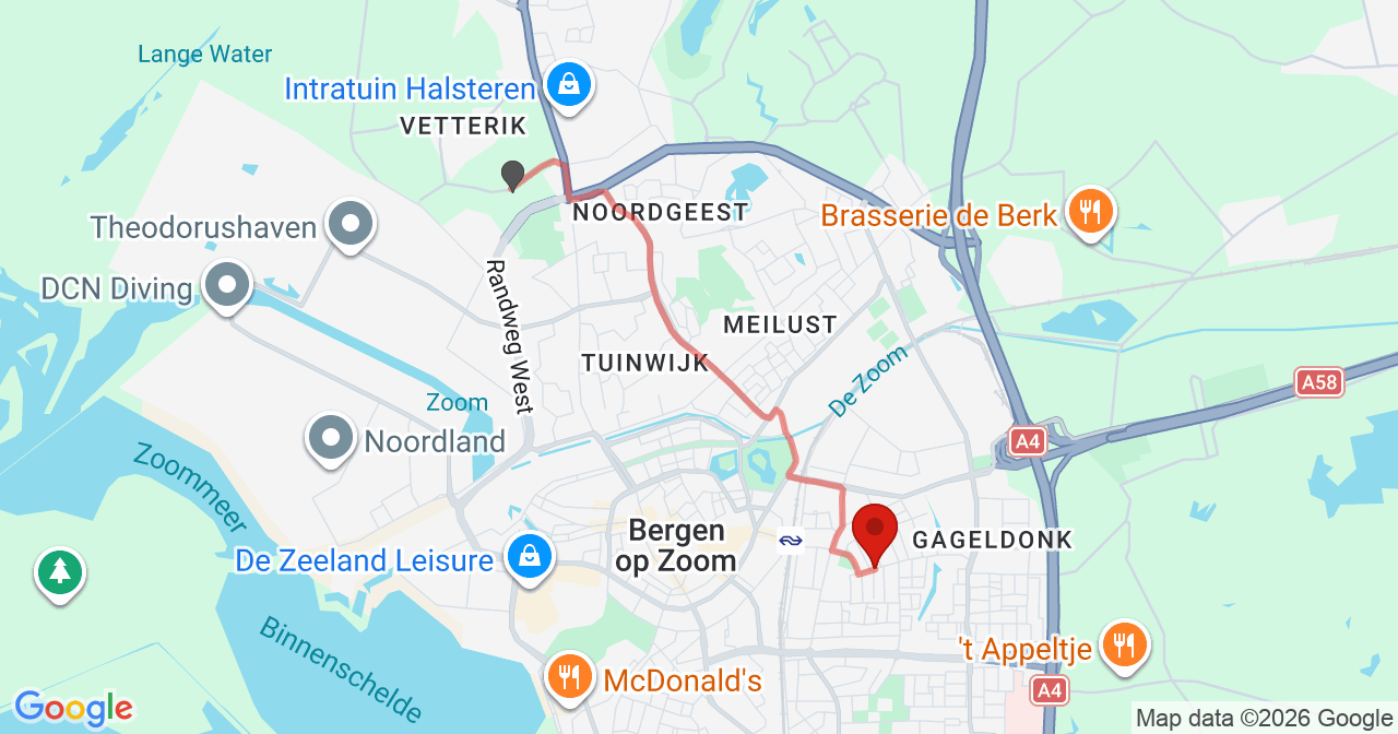 Kaart van het incident in Bergen op Zoom met de aanrijroutes van de gealarmeerde eenheden