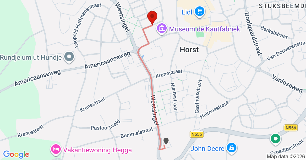 Kaart van het incident in Horst met de aanrijroutes van de gealarmeerde eenheden