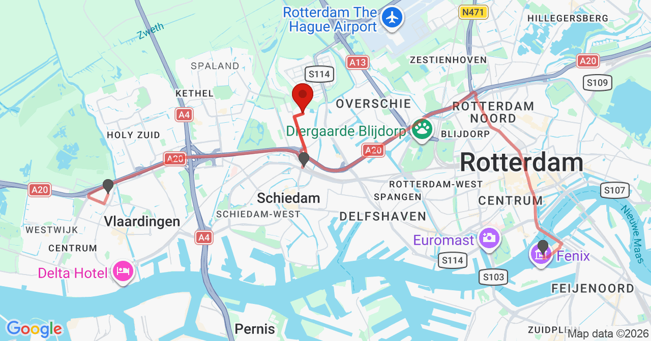 Kaart van het incident in Schiedam met de aanrijroutes van de gealarmeerde eenheden