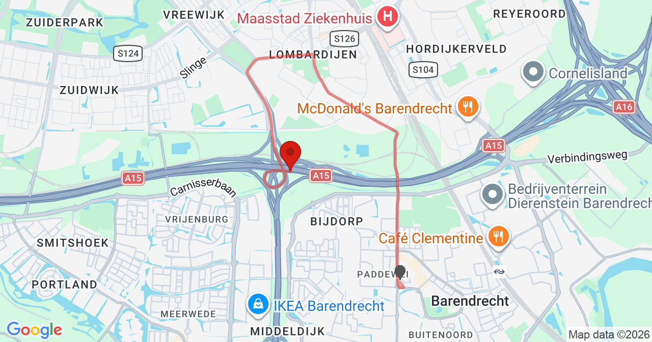 Kaart van het incident in Barendrecht met de aanrijroutes van de gealarmeerde eenheden
