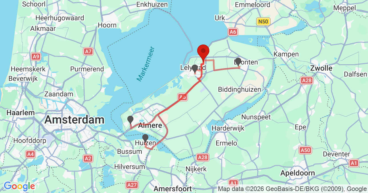 Kaart van het incident in Lelystad met de aanrijroutes van de gealarmeerde eenheden