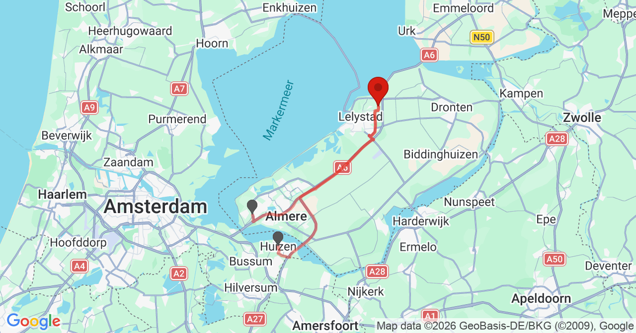 Kaart van het incident in Lelystad met de aanrijroutes van de gealarmeerde eenheden