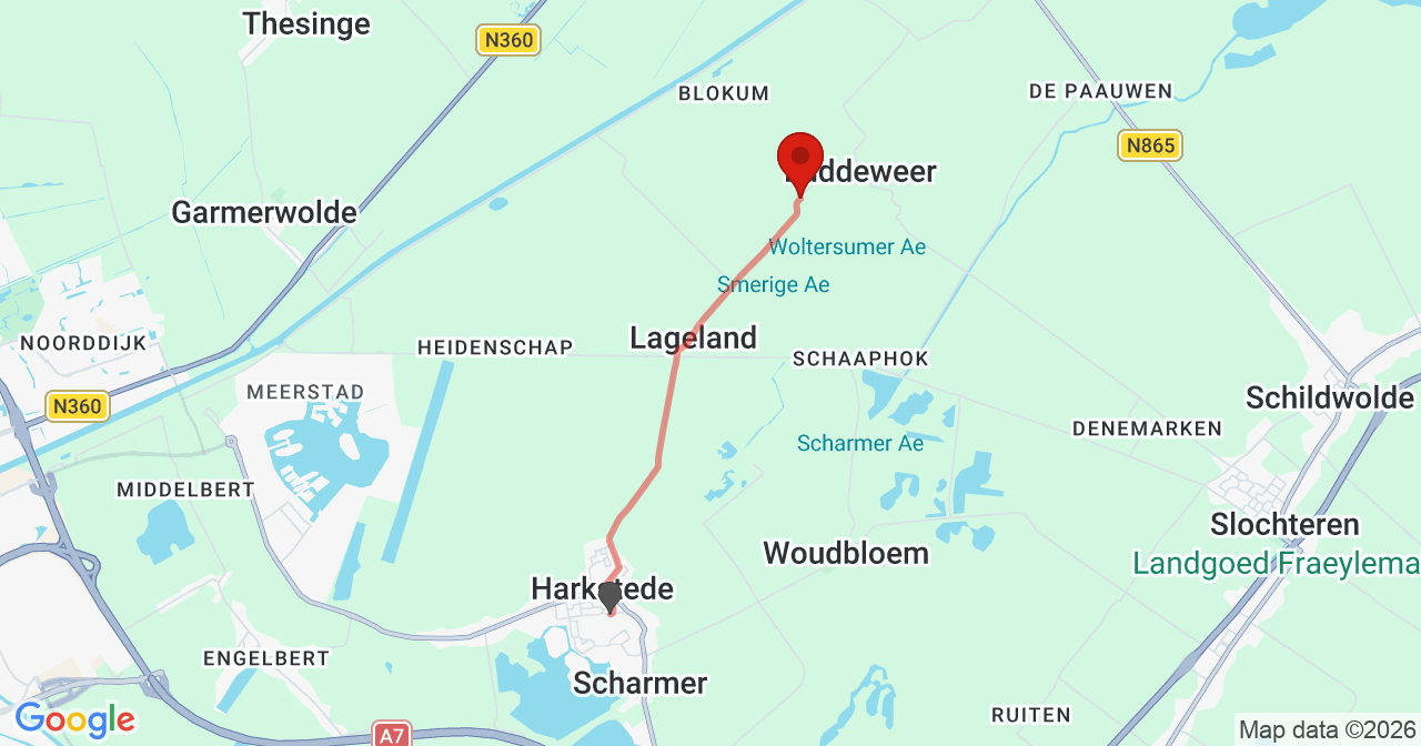 Kaart van het incident in Luddeweer met berekende routes vanaf gealarmeerde posten