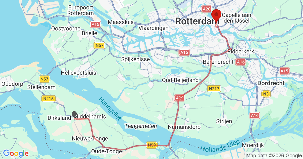 Kaart van het incident in Rotterdam met de aanrijroutes van de gealarmeerde eenheden