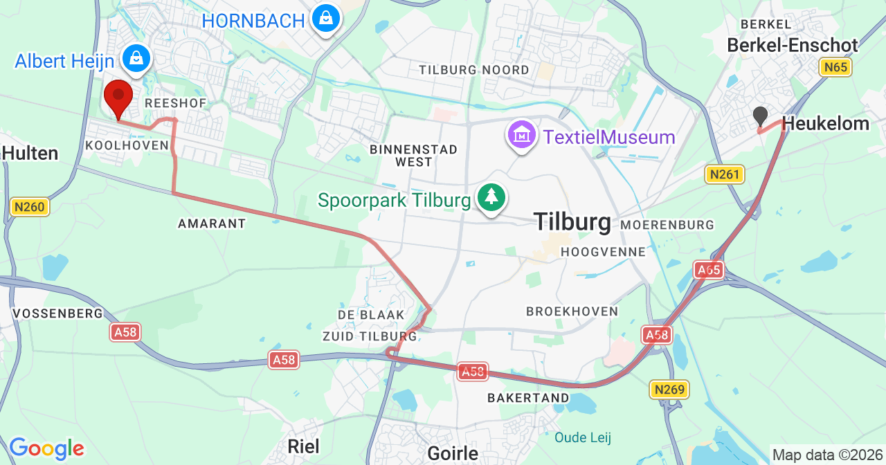 Kaart van het incident in Tilburg met berekende routes vanaf gealarmeerde posten