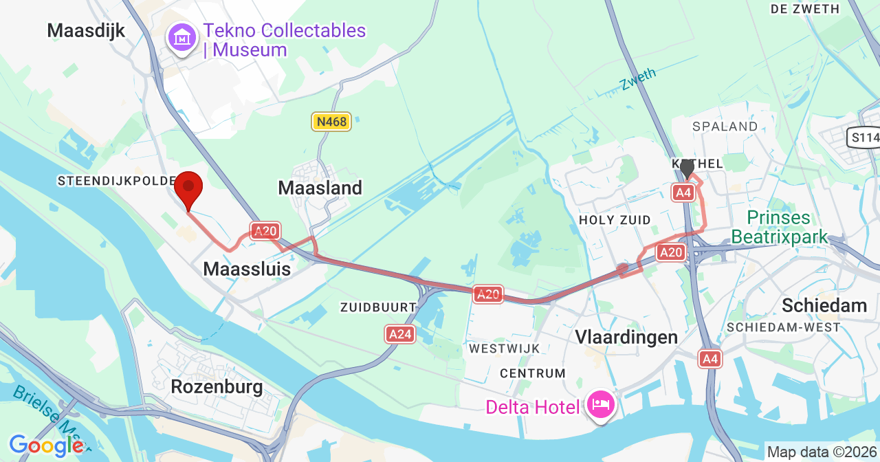 Kaart van het incident in Maassluis met de aanrijroutes van de gealarmeerde eenheden