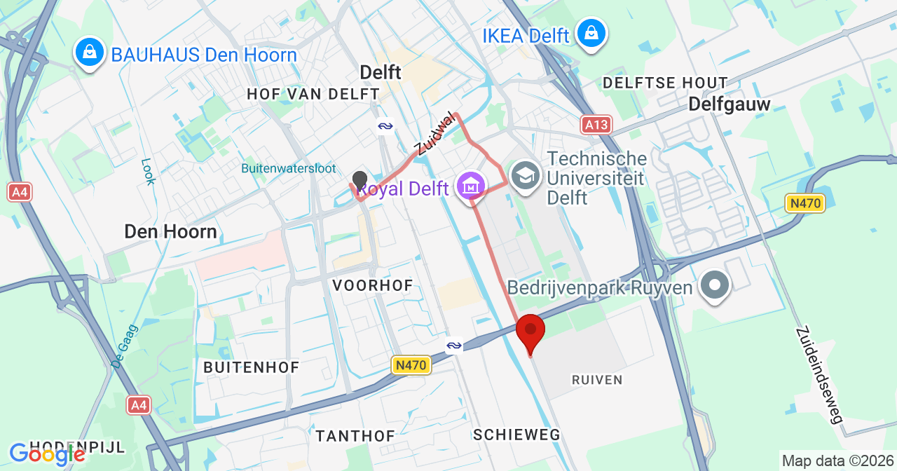 Kaart van het incident in Delft met de aanrijroutes van de gealarmeerde eenheden