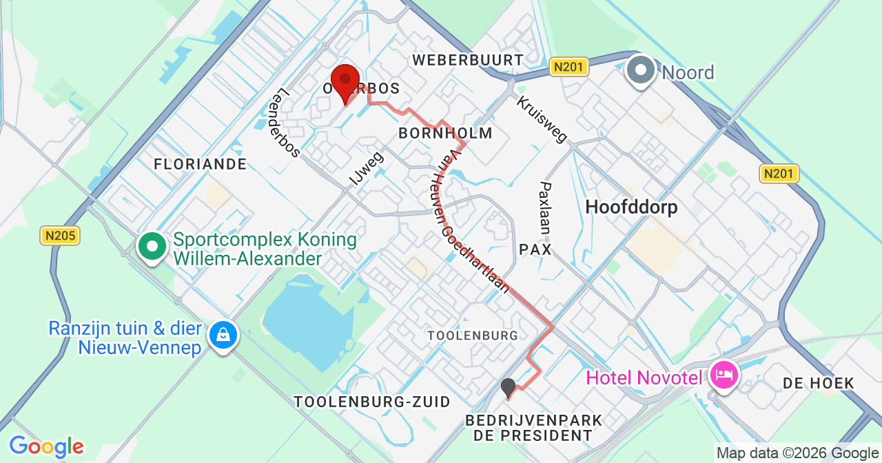 Kaart van het incident in Hoofddorp met de aanrijroutes van de gealarmeerde eenheden
