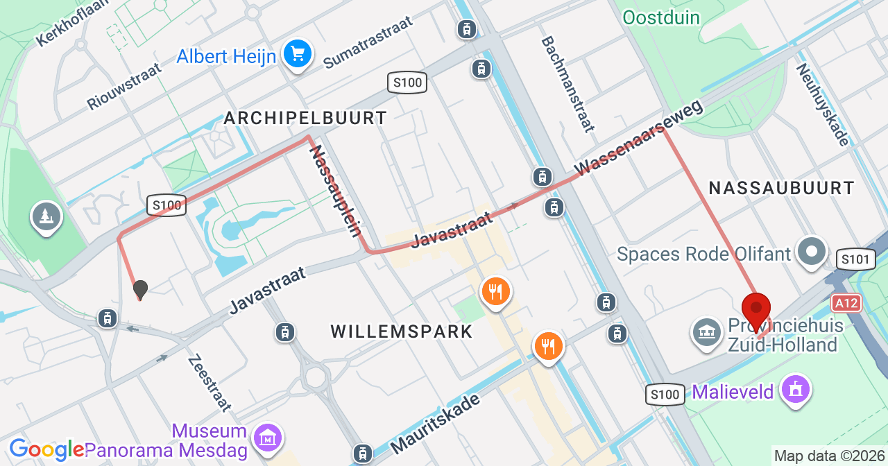 Kaart van het incident in 's-Gravenhage met berekende routes vanaf gealarmeerde posten