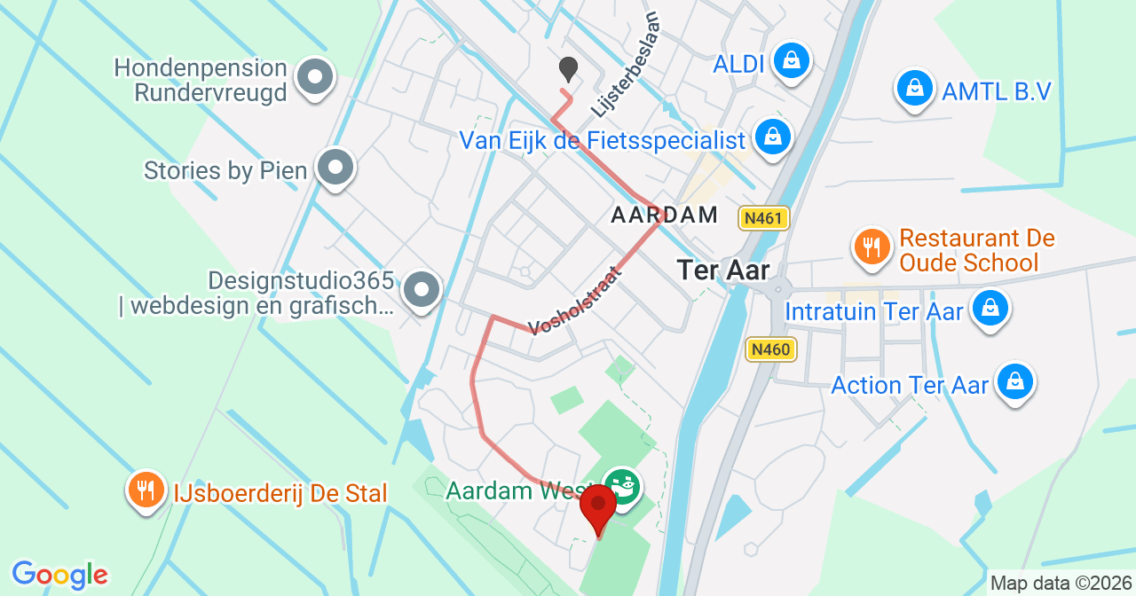 Kaart van het incident in Ter Aar met berekende routes vanaf gealarmeerde posten