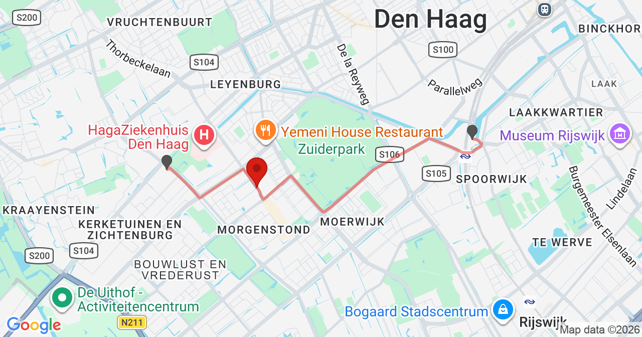 Kaart van het incident in 's-Gravenhage met de aanrijroutes van de gealarmeerde eenheden