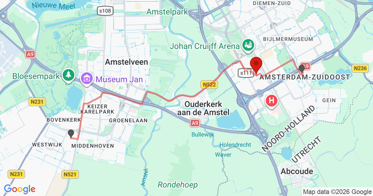 Kaart van het incident in Amsterdam met de aanrijroutes van de gealarmeerde eenheden