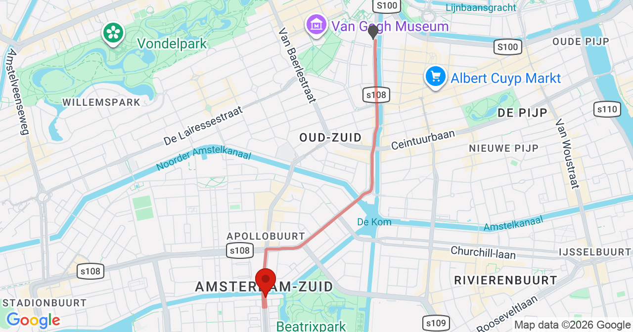 Kaart van het incident in Amsterdam met berekende routes vanaf gealarmeerde posten
