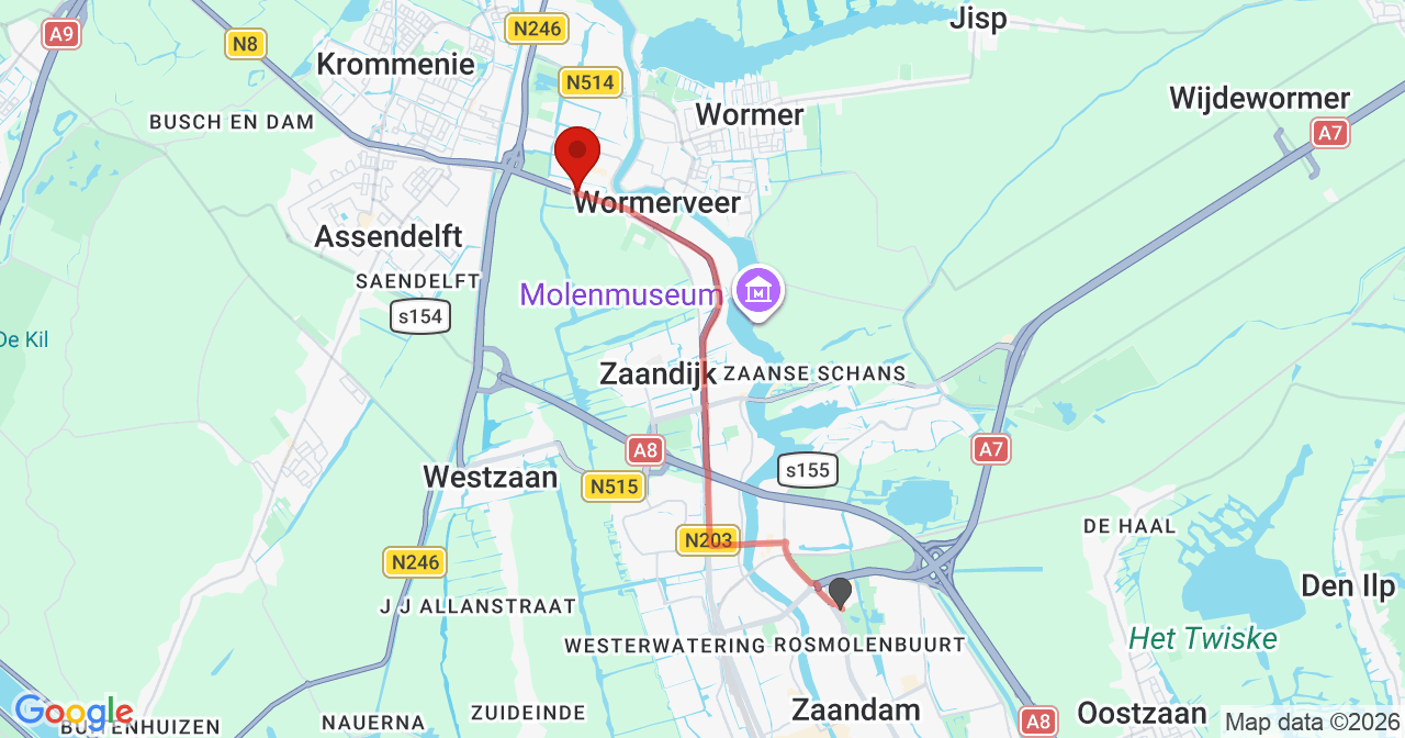 Kaart van het incident in Wormerveer met berekende routes vanaf gealarmeerde posten