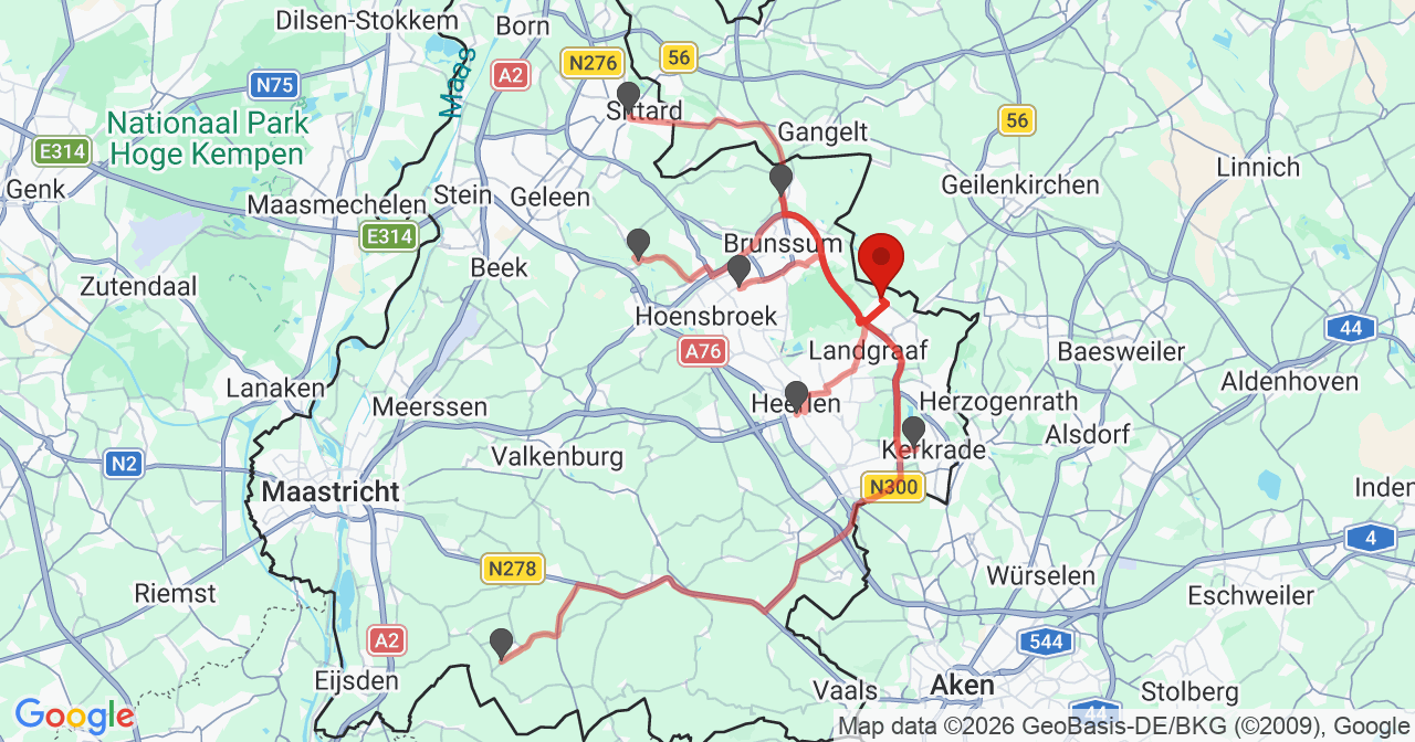 Kaart van het incident in Landgraaf met de aanrijroutes van de gealarmeerde eenheden