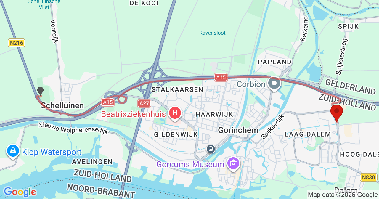 Kaart van het incident in Gorinchem met de aanrijroutes van de gealarmeerde eenheden