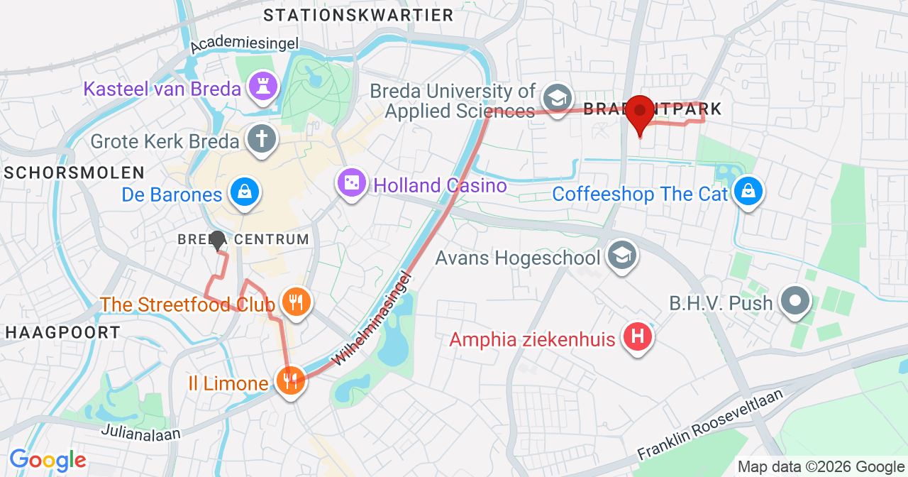 Kaart van het incident in Breda met de aanrijroutes van de gealarmeerde eenheden