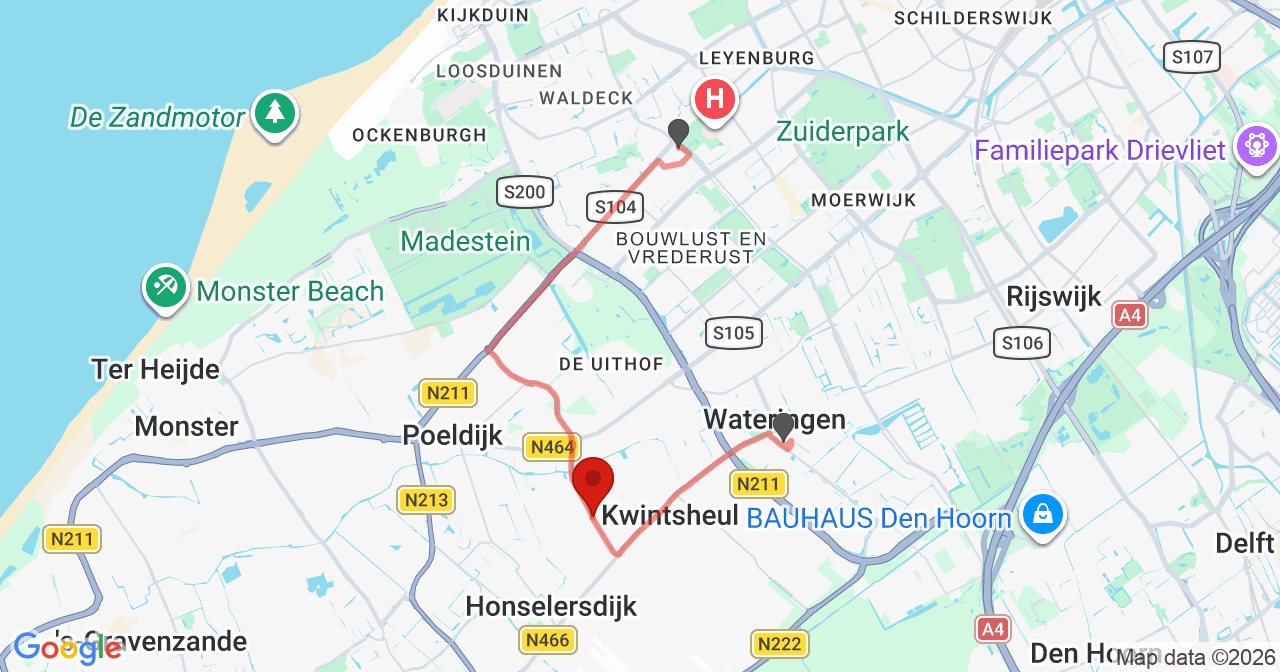 Kaart van het incident in Honselersdijk met de aanrijroutes van de gealarmeerde eenheden