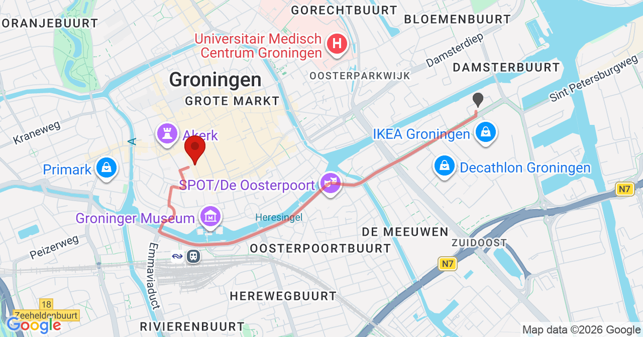Kaart van het incident in Groningen met de aanrijroutes van de gealarmeerde eenheden