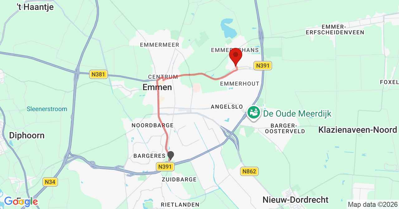 Kaart van het incident in Emmen met de aanrijroutes van de gealarmeerde eenheden