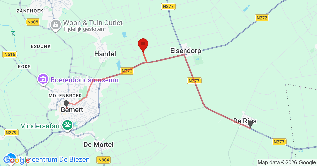 Kaart van het incident in Handel met de aanrijroutes van de gealarmeerde eenheden