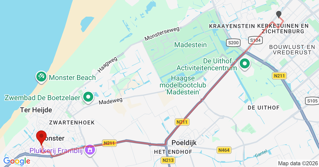 Kaart van het incident in Monster met de aanrijroutes van de gealarmeerde eenheden