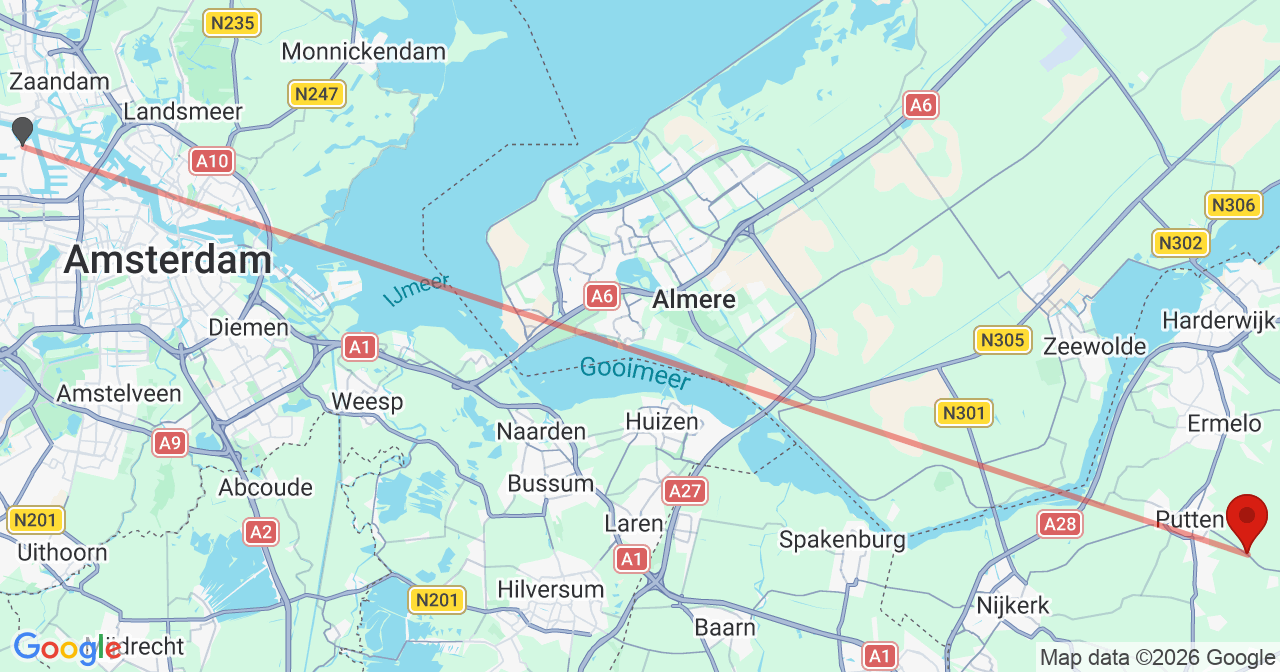 Kaart van het incident in Putten met de aanrijroutes van de gealarmeerde eenheden