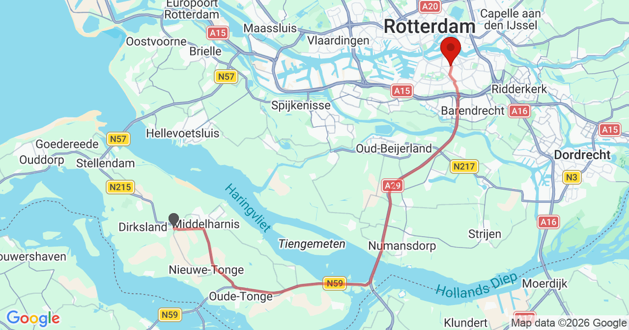 Kaart van het incident in Rotterdam met de aanrijroutes van de gealarmeerde eenheden