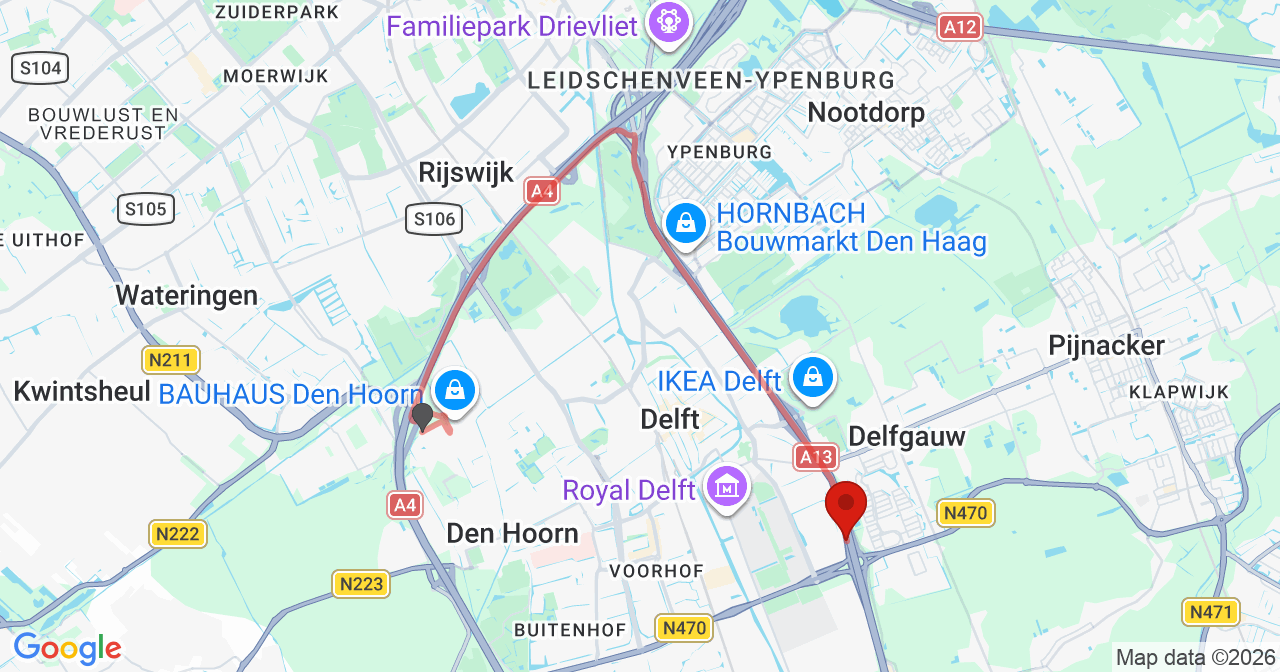 Kaart van het incident in Delft met de aanrijroutes van de gealarmeerde eenheden