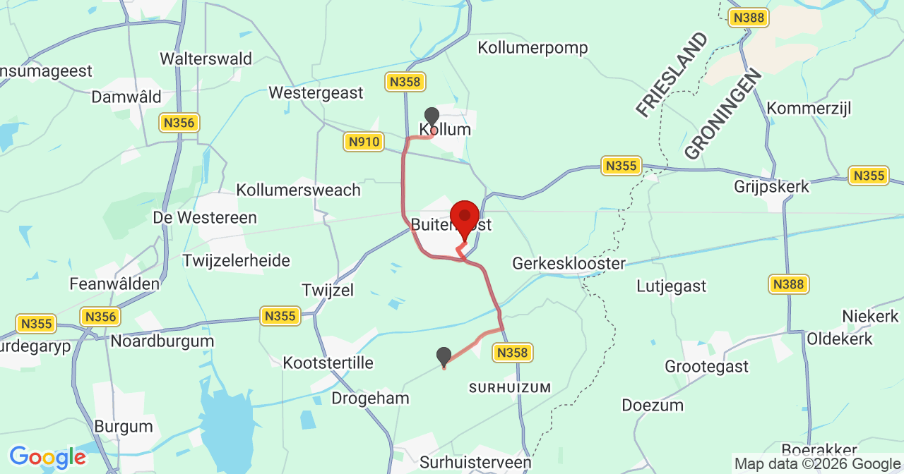Kaart van het incident in Buitenpost met de aanrijroutes van de gealarmeerde eenheden