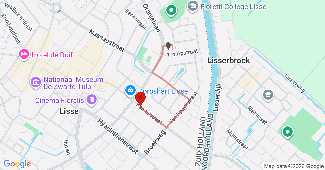 Kaart van het incident in Lisse met de aanrijroutes van de gealarmeerde eenheden