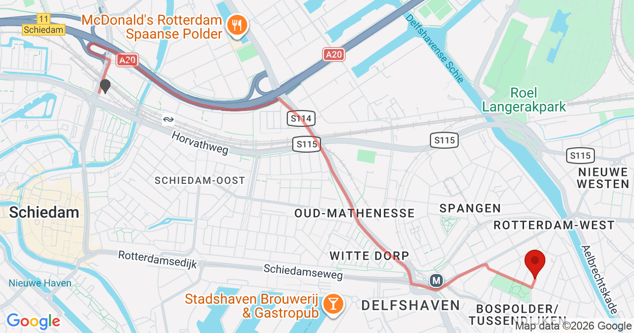 Kaart van het incident in Rotterdam met berekende routes vanaf gealarmeerde posten