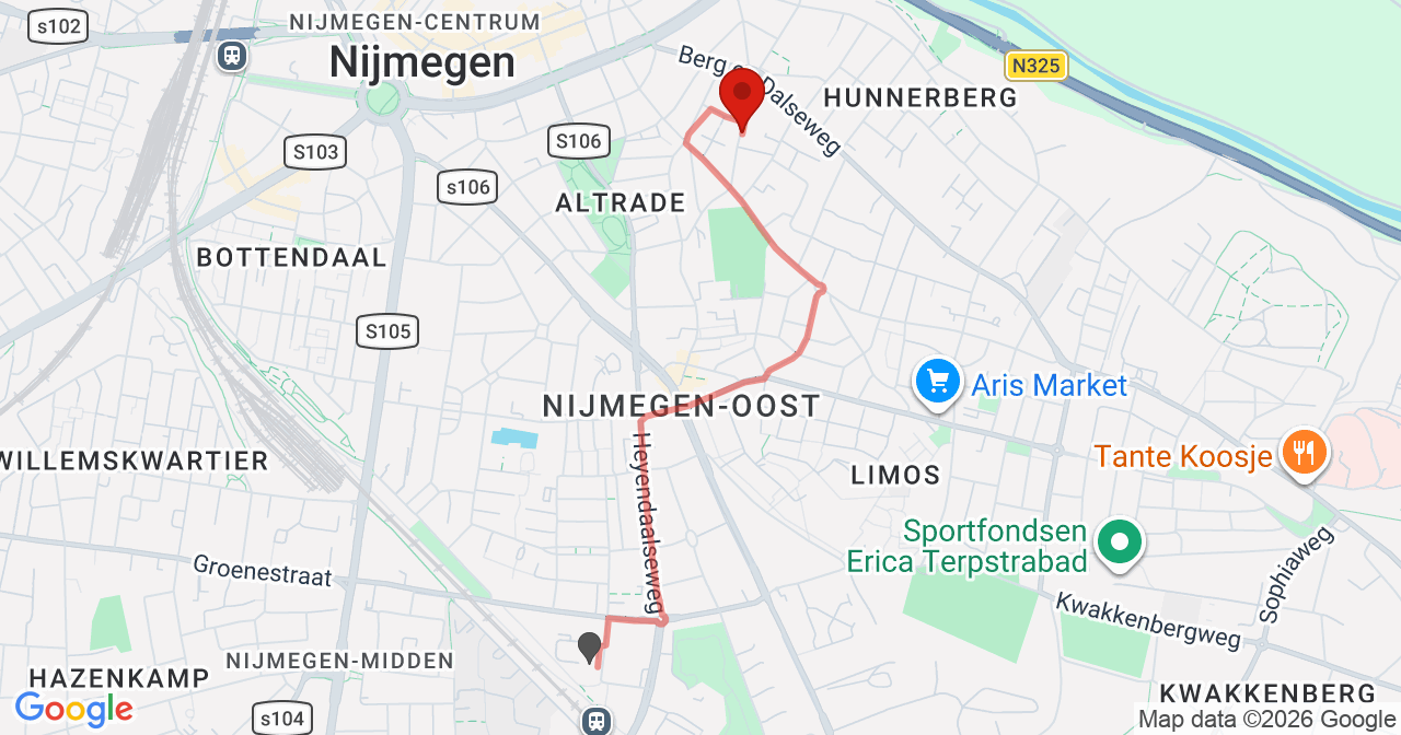 Kaart van het incident in Nijmegen met de aanrijroutes van de gealarmeerde eenheden